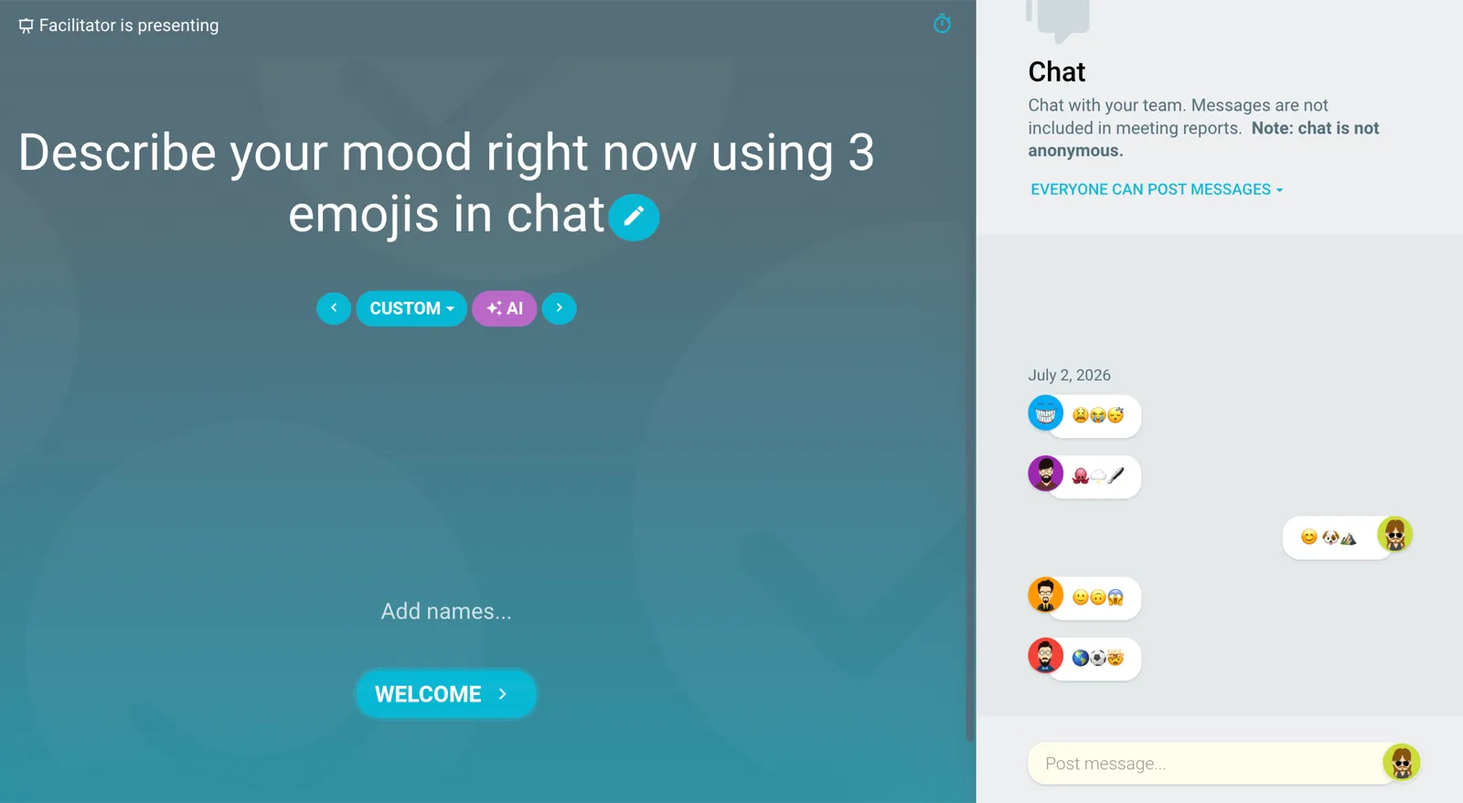 Une invite en mode présentation de TeamRetro : « Décrivez votre humeur du moment à l'aide de 3 emojis dans le chat », suivie des réponses en emojis des membres de l'équipe
