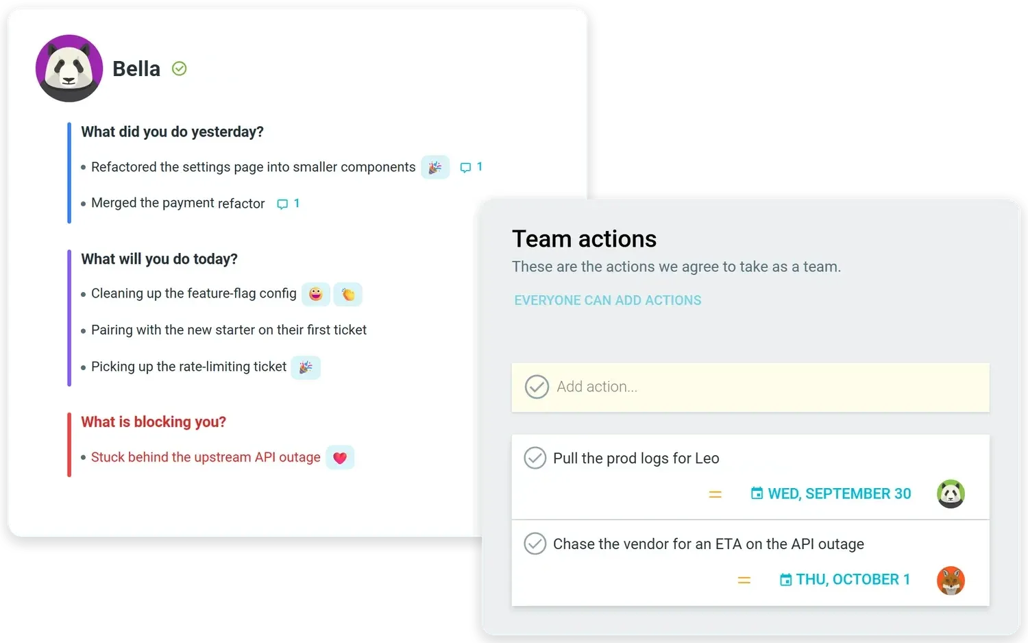 A standup update with a blocker flagged in red, and the team's action list open beside it, where the blocker has become actions with an owner and a due date.