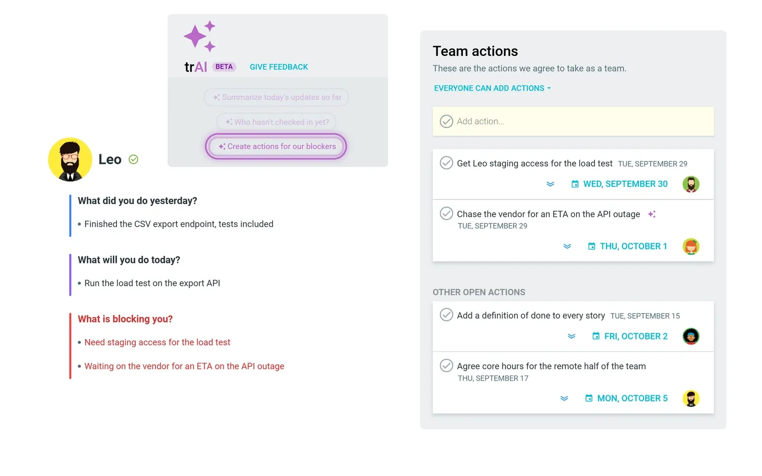 A standup update with two blockers in red beside the standup's Actions pane, where each blocker has become an action with an owner and a due date, one of them created by trAI, above the team's other open actions, with trAI's Create actions for our blockers prompt highlighted above the update