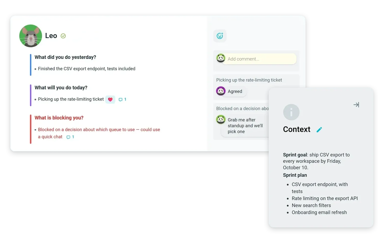 A teammate's standup update in TeamRetro beside the Context pane, which shows the sprint goal, shipping CSV export to every workspace, and the sprint plan the update is working through.