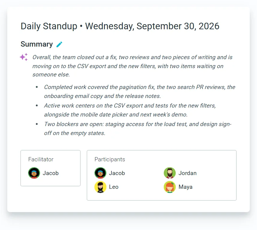 A closed TeamRetro standup summary showing an AI summary and the team's done, in-progress and blocked items