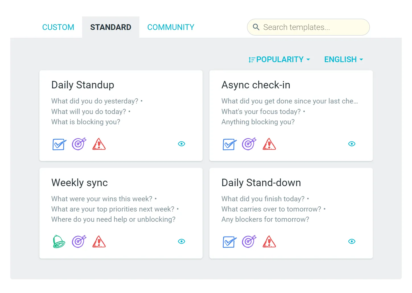 TeamRetro's standup template picker on its Standard tab, with Daily Standup, Async check-in, Weekly sync and Daily Stand-down cards, each listing its three questions above an icon for the kind of work each one collects