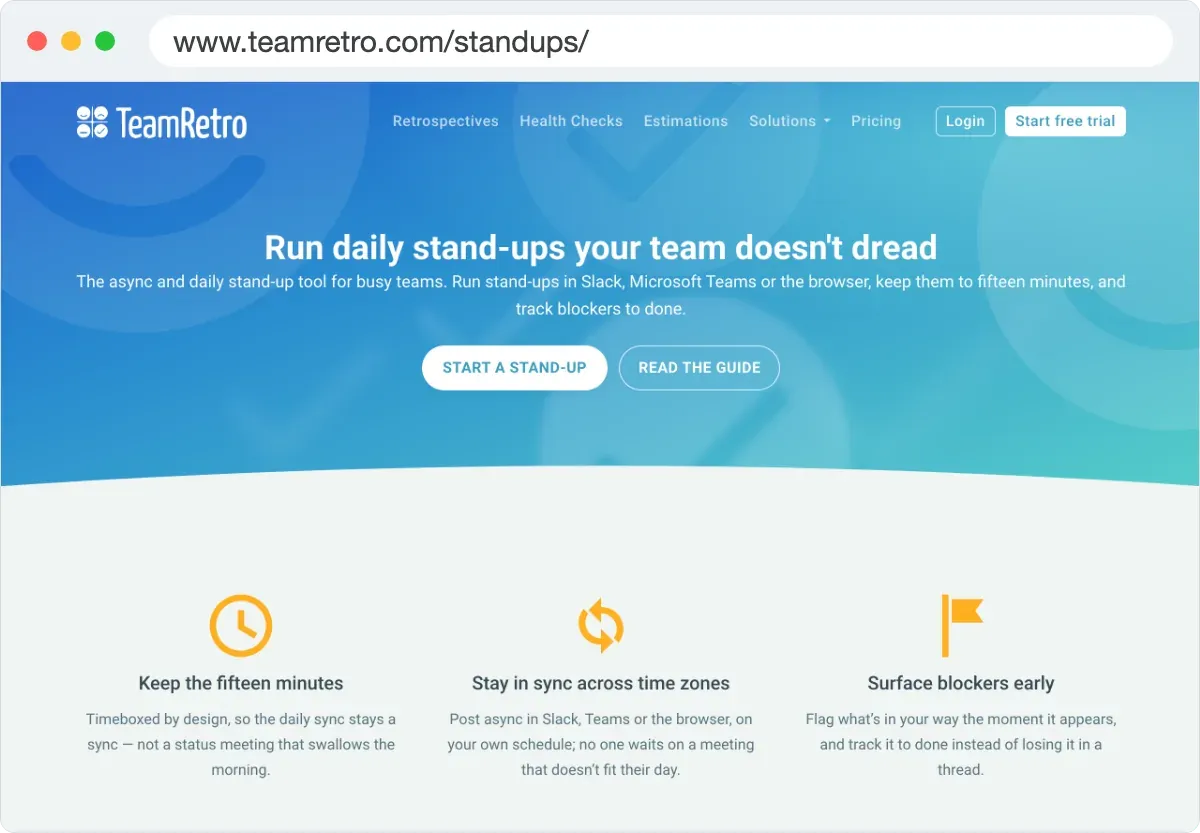 La pagina dedicata agli Standup di TeamRetro su www.teamretro.com