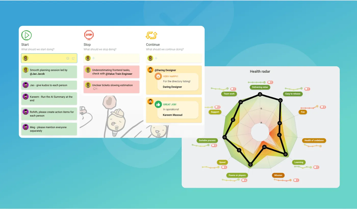 A TeamRetro Start, Stop, Continue retrospective board next to a team health radar chart tracking sentiment across dimensions over time