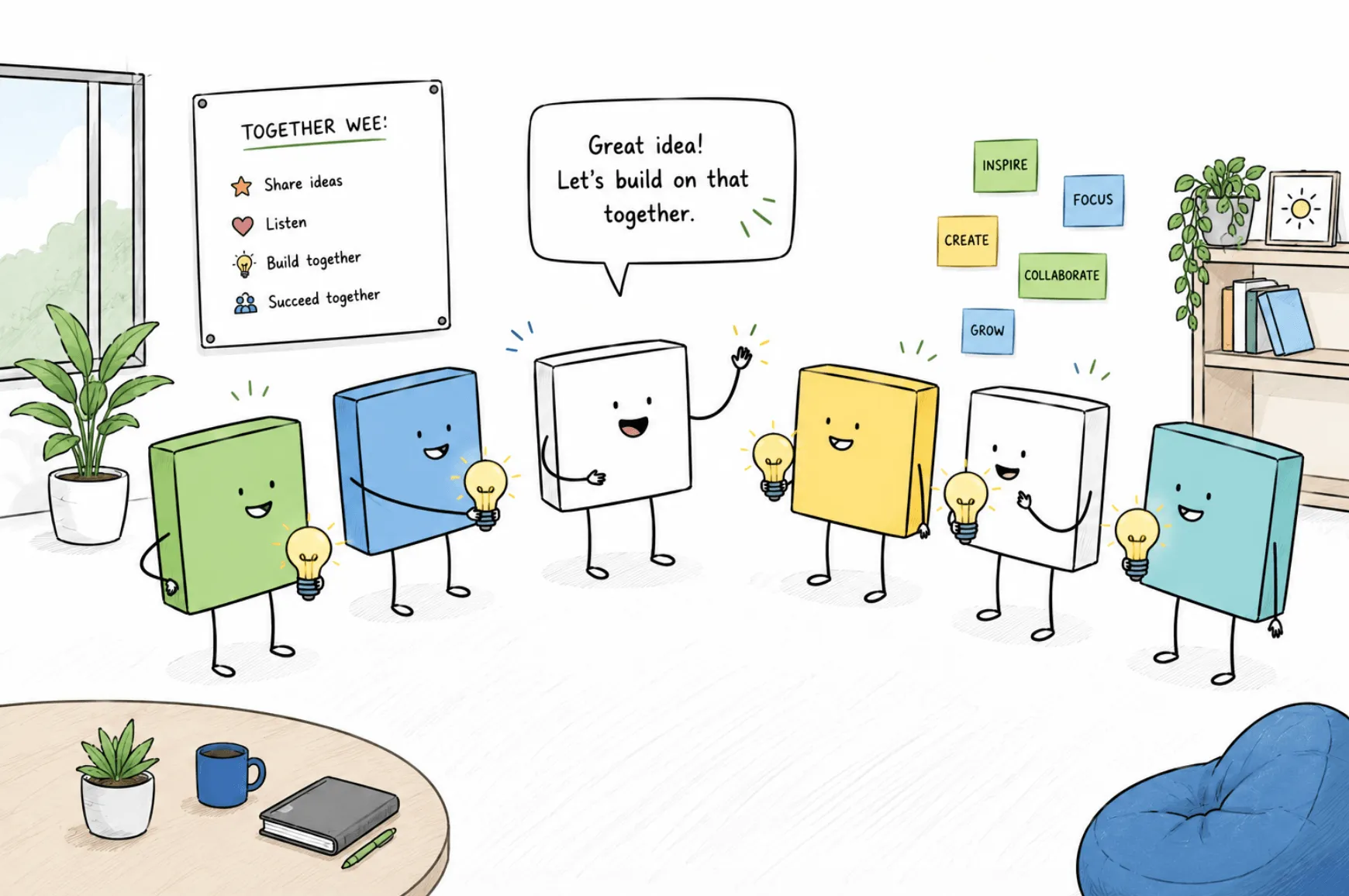 Personnages d'Illustrated TeamRetro échangeant des idées et s'inspirant mutuellement lors d'un atelier collaboratif en équipe