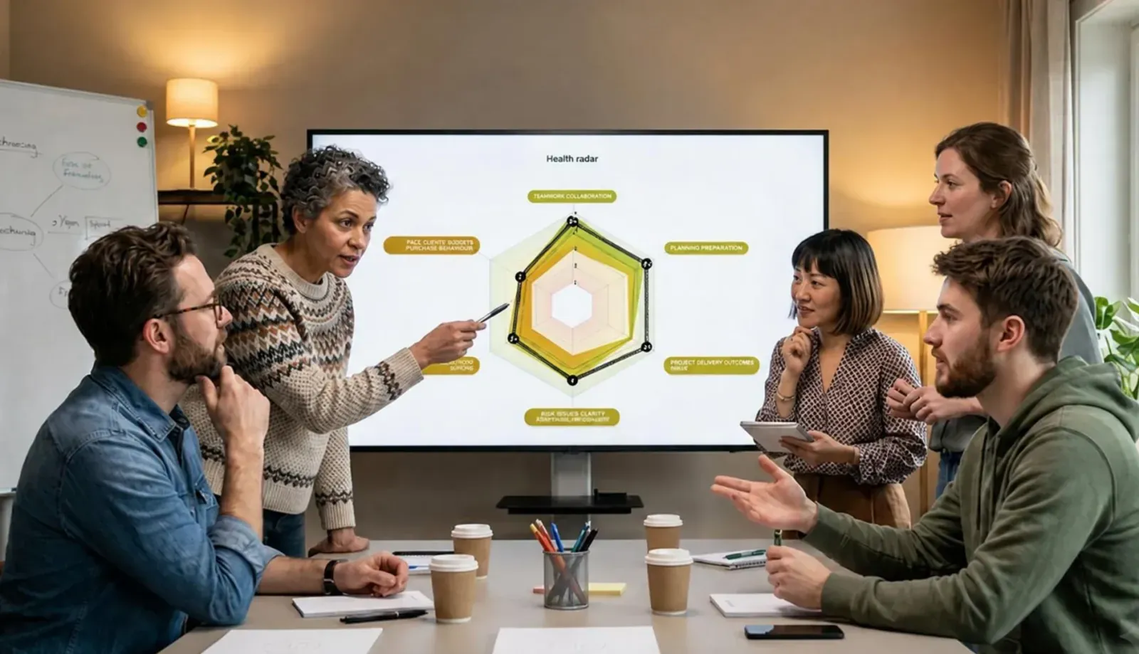Team meeting around a table discussing an agile maturity assessment