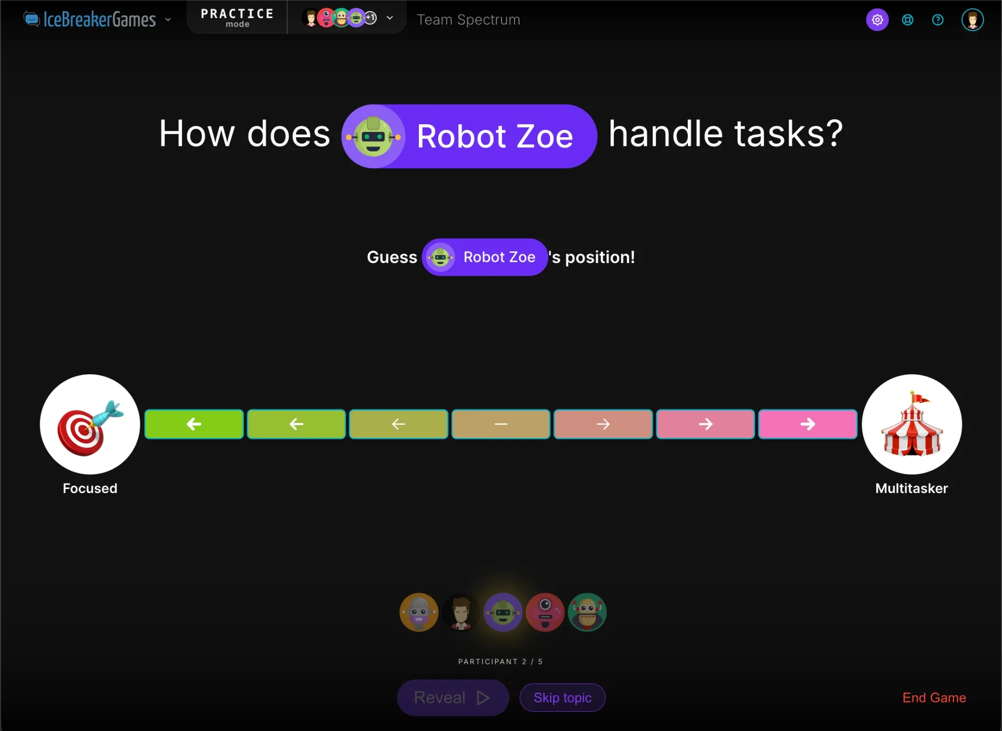 The Team Spectrum game asking 'How does Robot Zoe handle tasks?' on a Focused to Multitasker spectrum, with players guessing the position before the reveal.