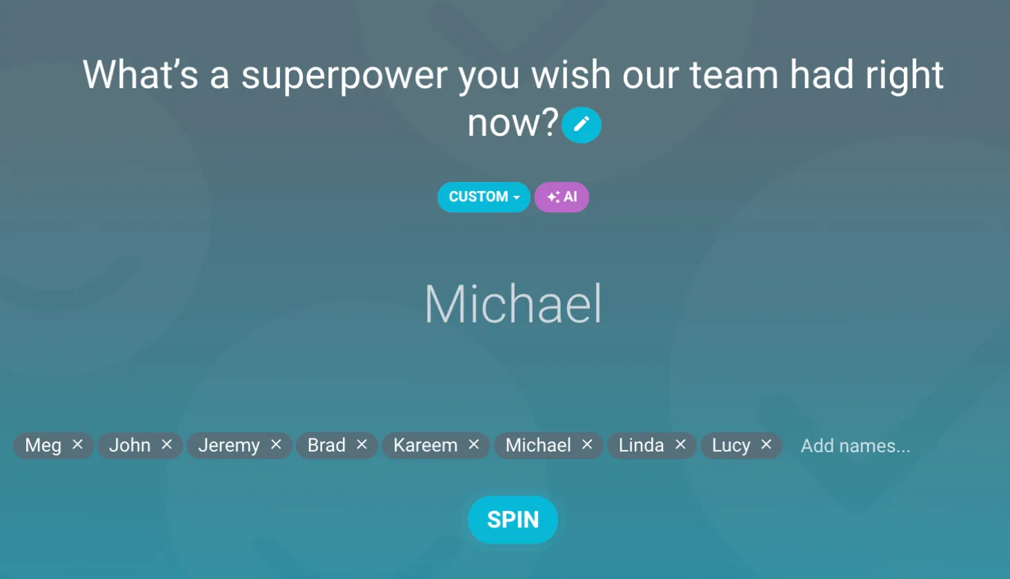 Rueda de rompehielos de TeamRetro que elige al azar a un miembro del equipo para que responda a la pregunta: «¿Qué superpoder le gustaría que tuviera nuestro equipo en este momento?»