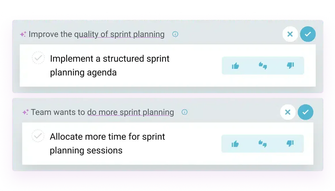 TeamRetro interface showing AI-suggested actions for retrospective meetings