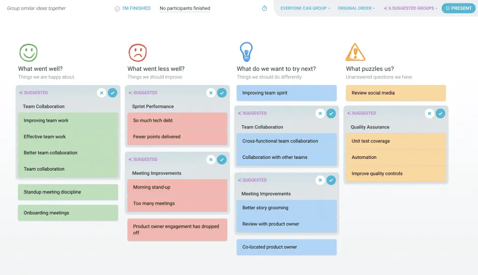 TeamRetro Auto-Suggest Groups clustering retrospective feedback into themes