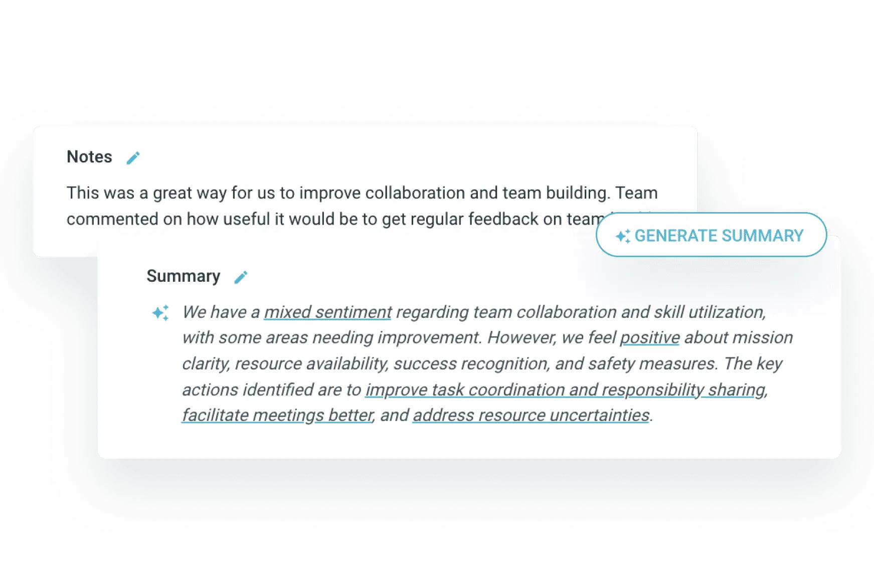 AI meeting summary created and shared from a TeamRetro health check