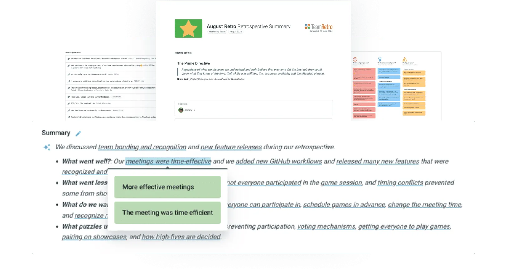AI meeting summary created and shared in TeamRetro
