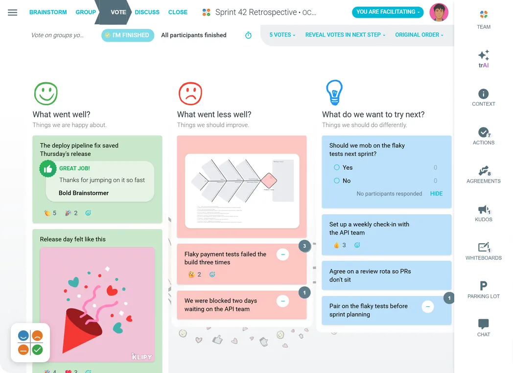 A TeamRetro retrospective in the vote step: ideas with votes and emoji reactions, a kudos card, a GIF, a fishbone whiteboard and a poll, next to the meeting tools: trAI, actions, agreements, kudos, whiteboards, parking lot and chat