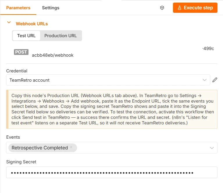 The TeamRetro Trigger node in n8n with its webhook URL, a Retrospective Completed event and the signing secret