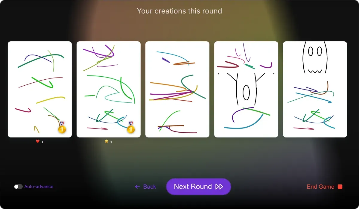 Franken-draw on games.teamretro.com, the gallery: the round's five finished creatures side by side, each stitched from parts drawn by different players, with the team's reactions and medals under them