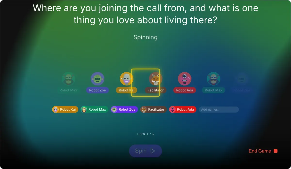 Icebreaker Questions on games.teamretro.com: “Where are you joining the call from, and what is one thing you love about living there?” on screen while the wheel cycles through the players' avatars to pick who answers