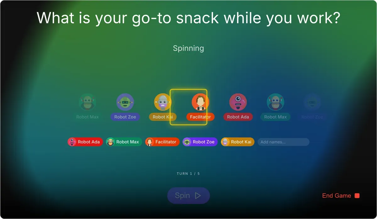 Icebreaker Questions on games.teamretro.com: “What is your go-to snack while you work?” on screen while the wheel cycles through the players' avatars to pick who answers