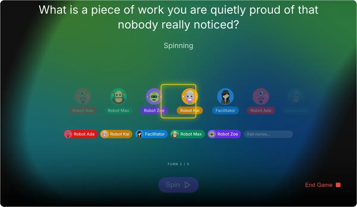 Icebreaker Questions on games.teamretro.com: “What is a piece of work you are quietly proud of that nobody really noticed?” on screen while the wheel cycles through the players' avatars to pick who answers