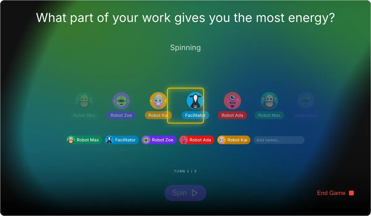 Icebreaker Questions on games.teamretro.com: “What part of your work gives you the most energy?” on screen while the wheel cycles through the players' avatars to pick who answers