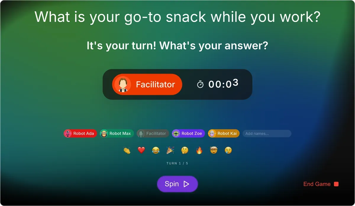 Icebreaker Questions on games.teamretro.com: “What is your go-to snack while you work?” on screen, the facilitator picked to answer, and a timer running