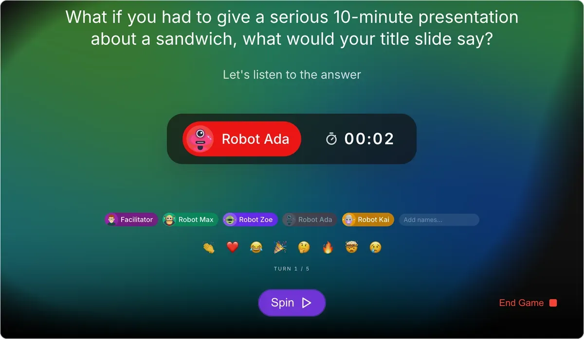 Icebreaker Questions on games.teamretro.com: “What if you had to give a serious 10-minute presentation about a sandwich, what would your title slide say?” on screen, Robot Ada picked to answer, and a timer running