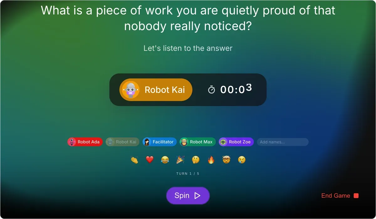 Icebreaker Questions on games.teamretro.com: “What is a piece of work you are quietly proud of that nobody really noticed?” on screen, Robot Kai picked to answer, and a timer running