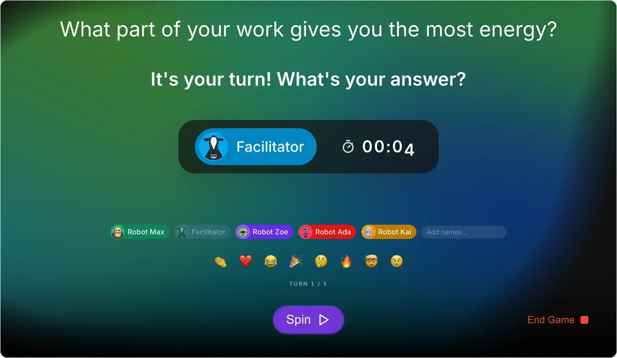 Icebreaker Questions on games.teamretro.com: “What part of your work gives you the most energy?” on screen, the facilitator picked to answer, and a timer running