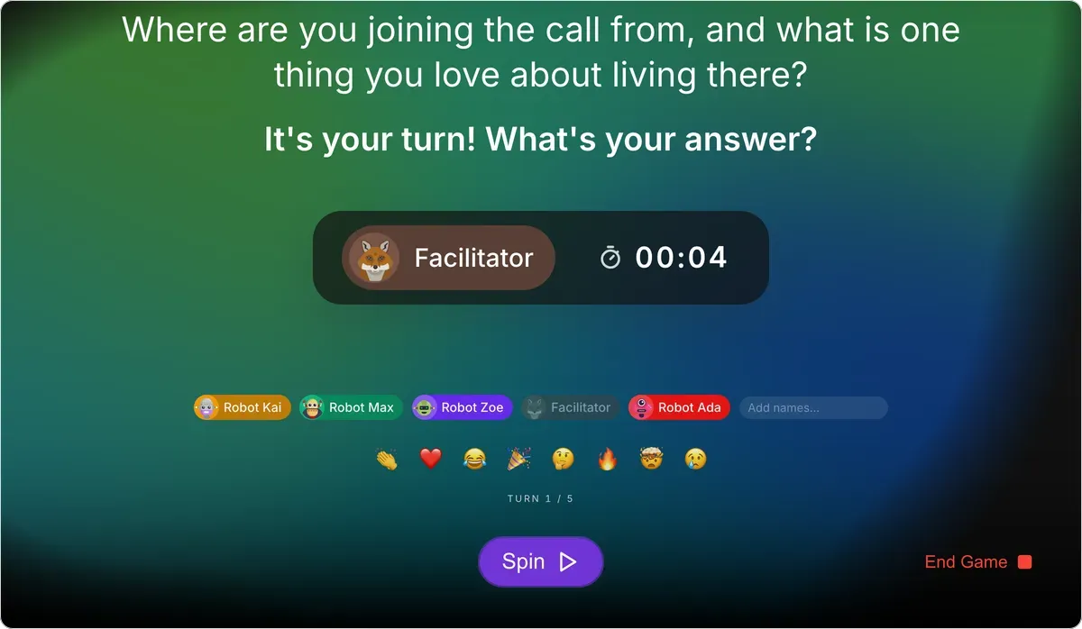 Icebreaker Questions on games.teamretro.com: “Where are you joining the call from, and what is one thing you love about living there?” on screen, the facilitator picked to answer, and a timer running