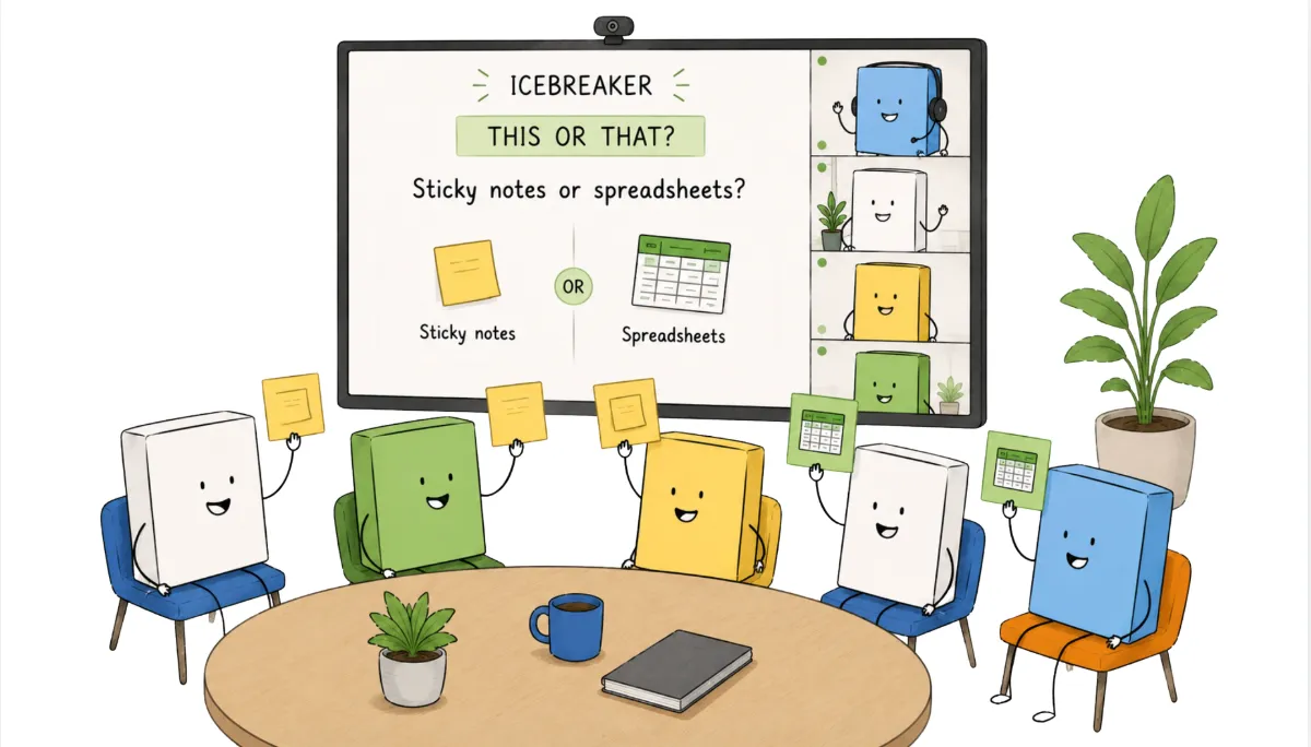 A this-or-that icebreaker activity giving the team two playful options to pick between