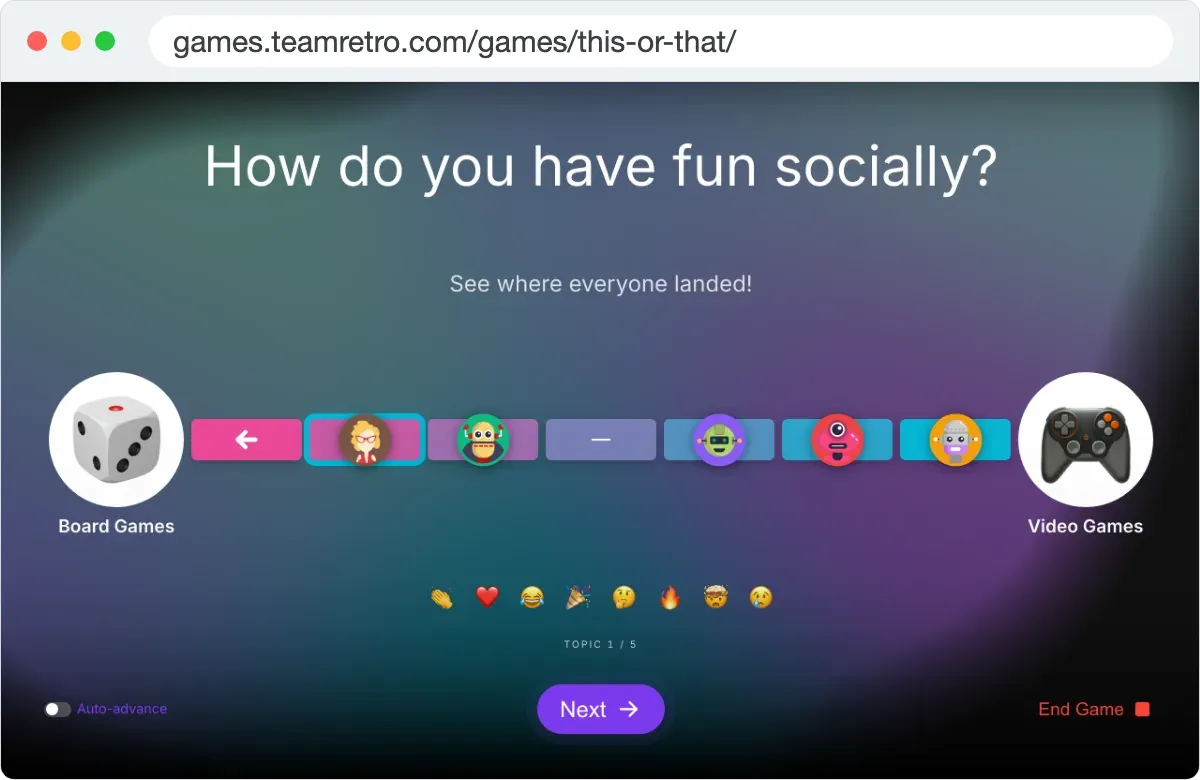 «Esto o aquello» en games.teamretro.com, a mitad de ronda: las elecciones de todos se muestran en una línea entre dos respuestas