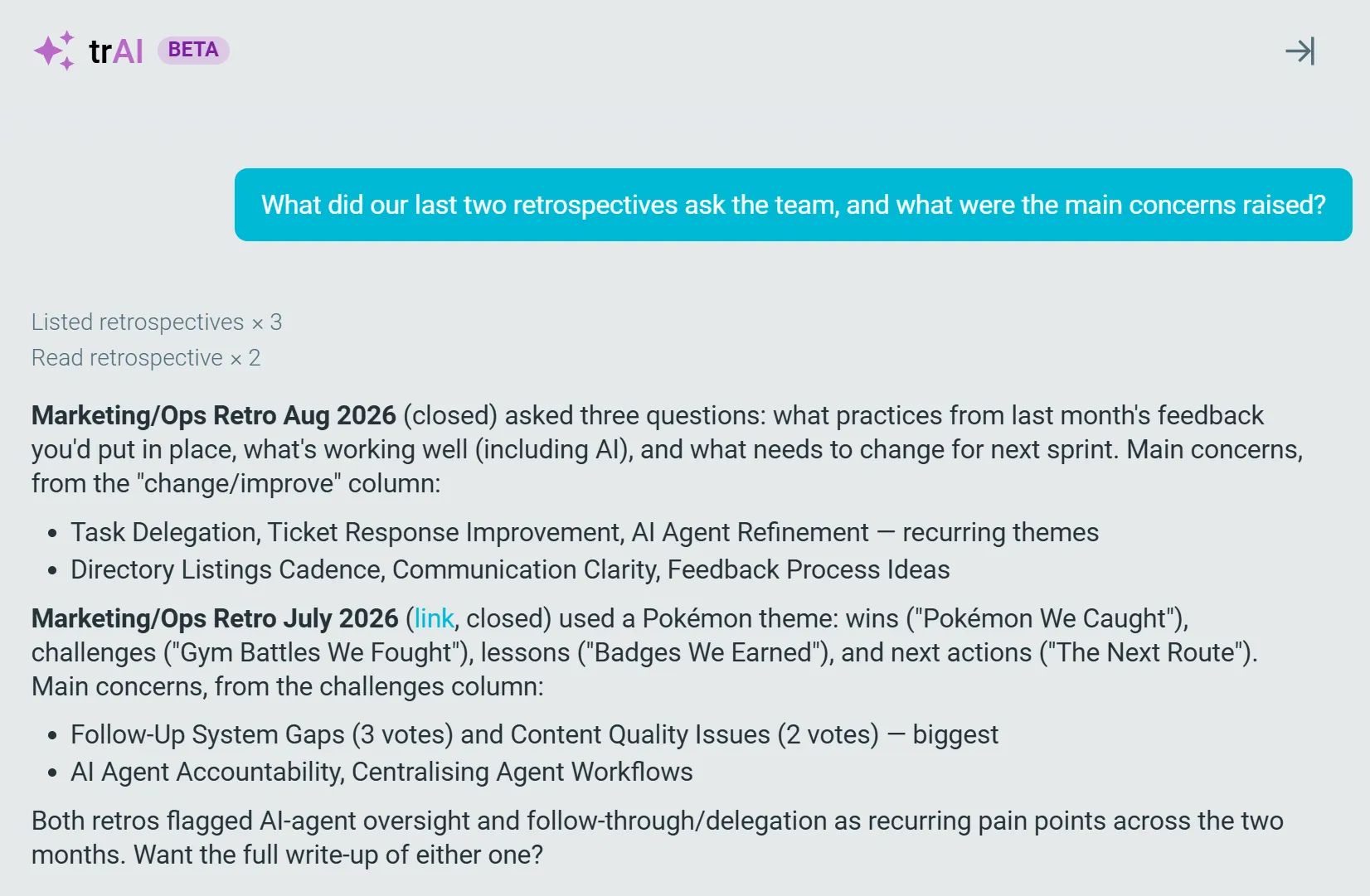 TeamRetro trAI answering a question about what the last two retrospectives asked and the main concerns raised