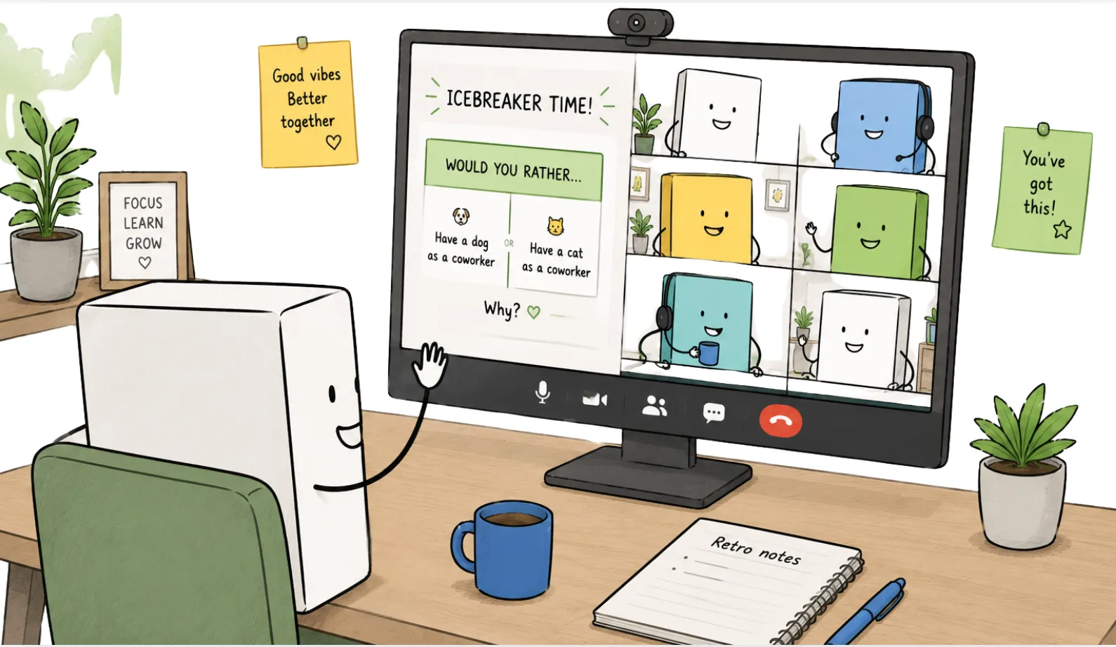 An illustrated virtual team running an icebreaker during an online video meeting