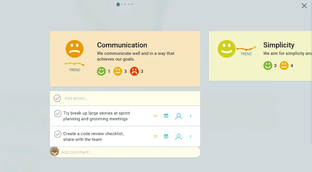 TeamRetro Screenshot: Extreme Programming Retrospektive mit Actions