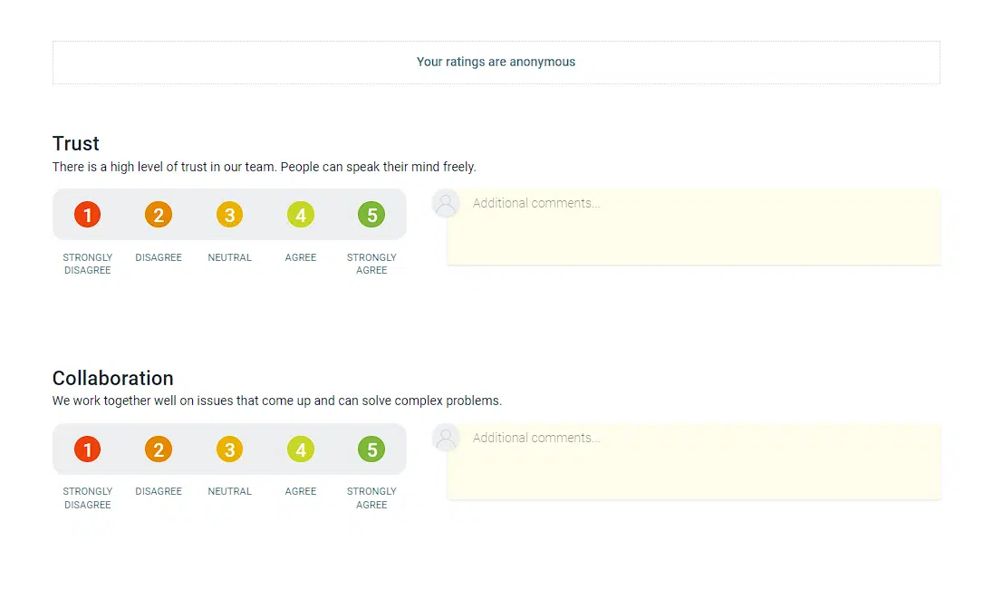 Survey dashboard tracking team engagement with a barometer-style scale