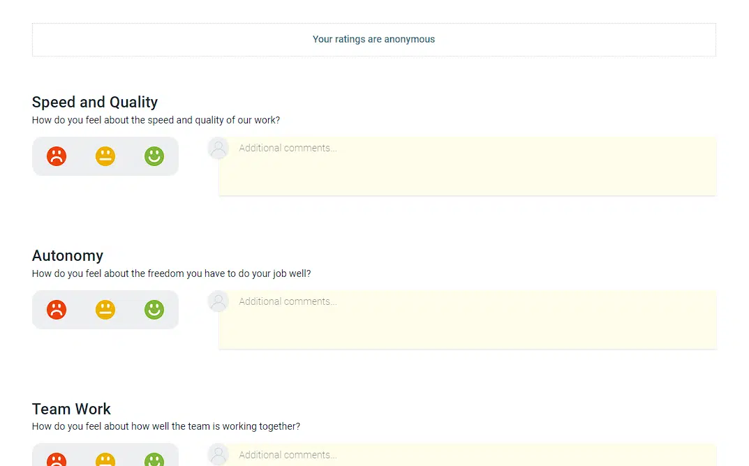 Quick pulse survey interface capturing team mood and workplace feedback