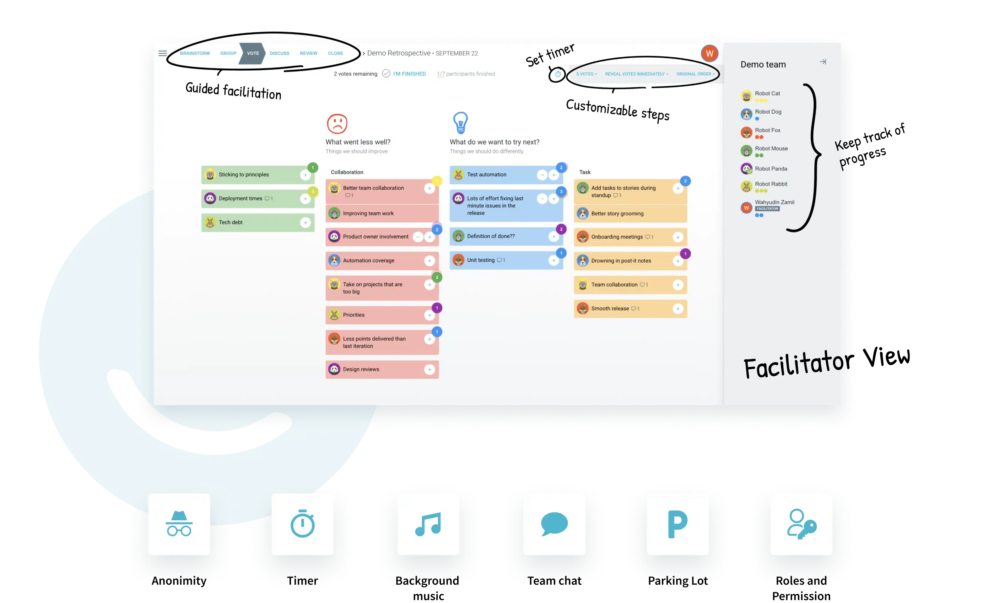 major-screenshot-rich-facilitation-at-your-fingertips Screenshot of TeamRetro platform highlighting rich facilitation tools for team retrospectives