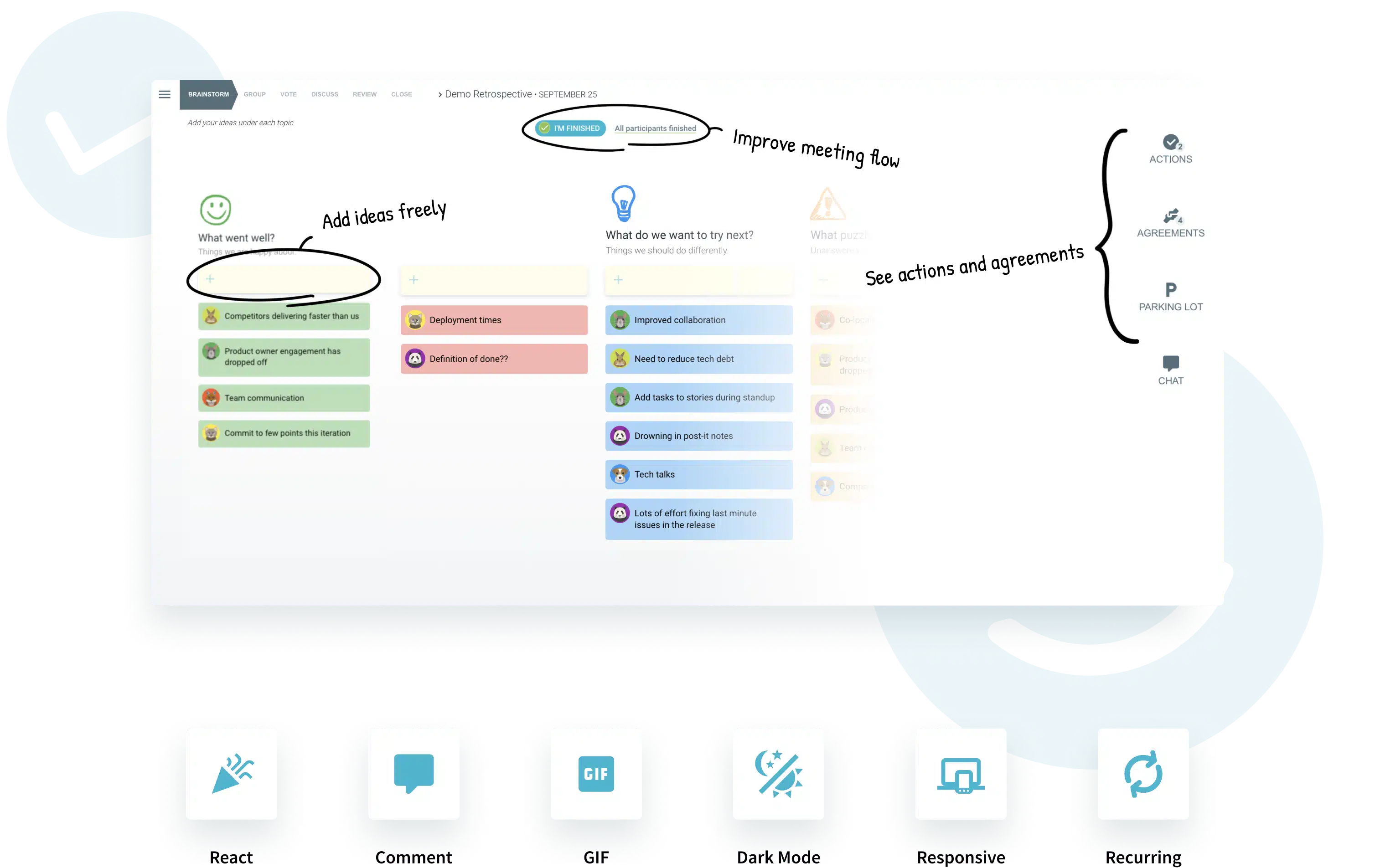 major-screenshot-run-agile-retrospectives-with-confidence TeamRetro platform screenshot for running agile retrospectives with confidence