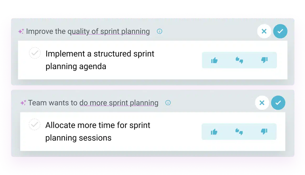 teamretro-retrospective-features-ai-suggested-actions TeamRetro interface showing AI-suggested actions for retrospective meetings