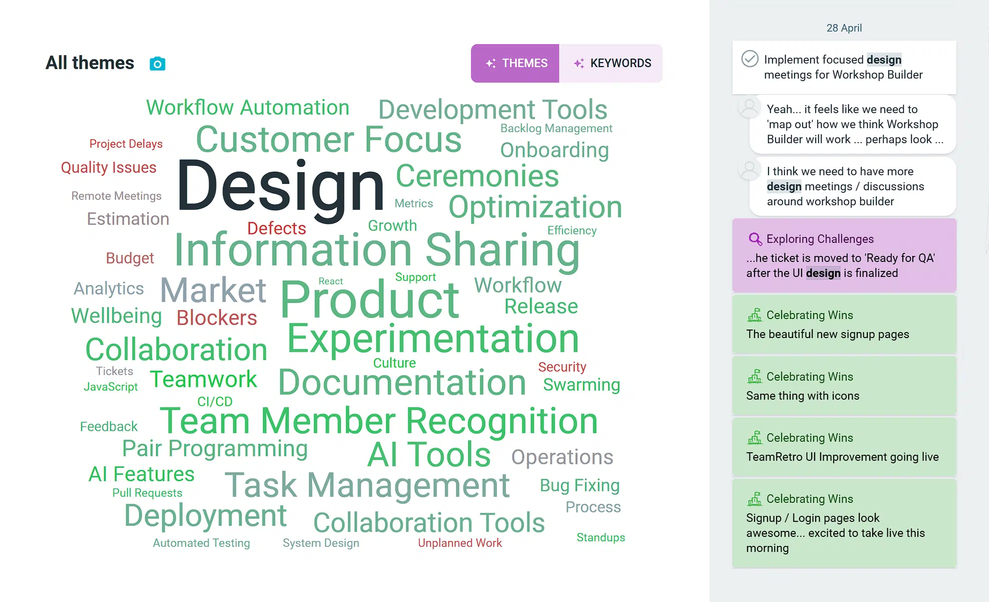 word-cloud-ideas Nuvem de palavras de ideias da equipe gerada durante uma retrospectiva Agile
