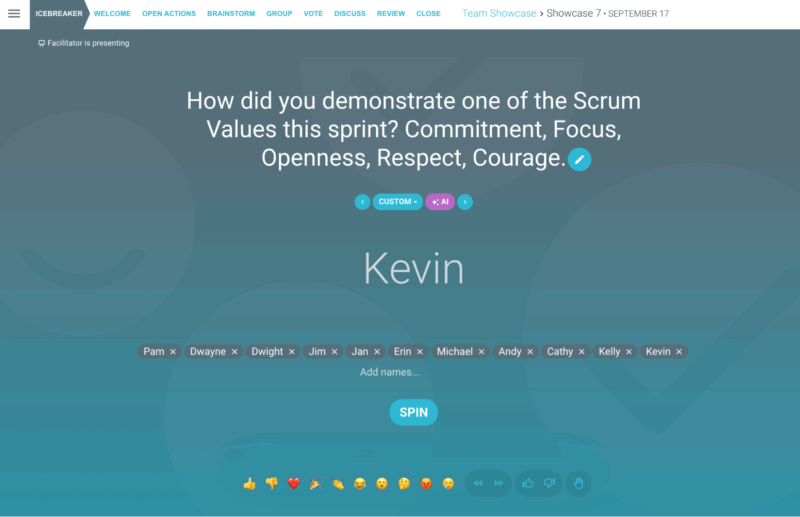 Atividade quebra-gelo dos valores do Scrum no TeamRetro promovendo envolvimento e discussão