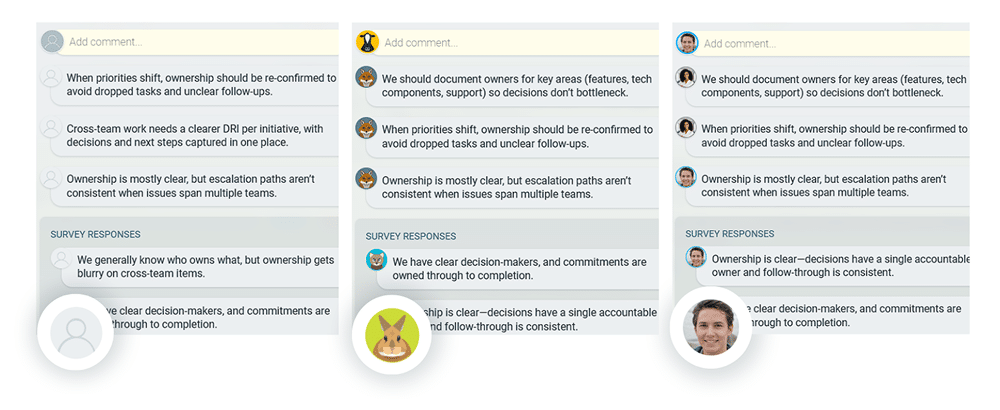 TeamRetro agile health check with fully anonymous aliases