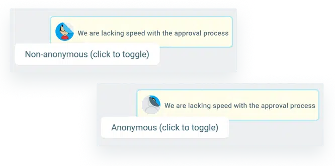 Retrospectiva do TeamRetro com alternância de anonimato opcional Tela de retrospectiva do TeamRetro mostrando a alternância de anonimato opcional