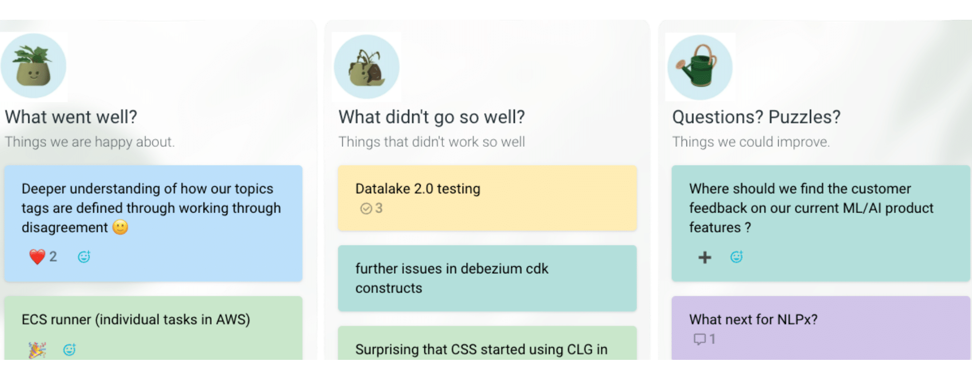 Culture Amp retrospective session powered by TeamRetro Screenshot of a Culture Amp retrospective session using TeamRetro