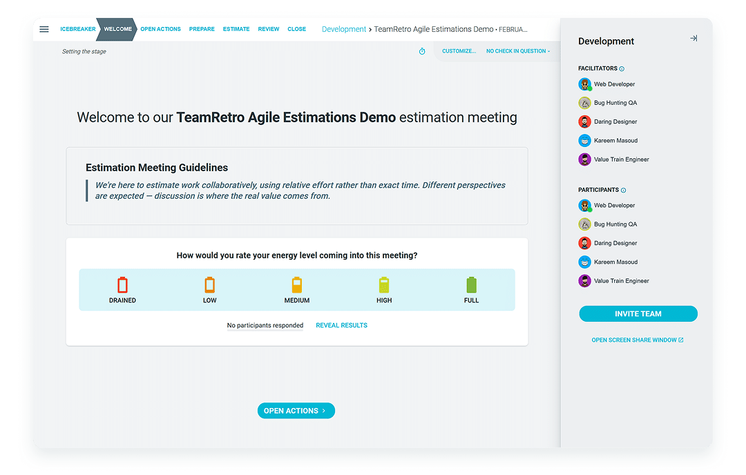 TeamRetro invite screen for a collaborative Estimation Poker session