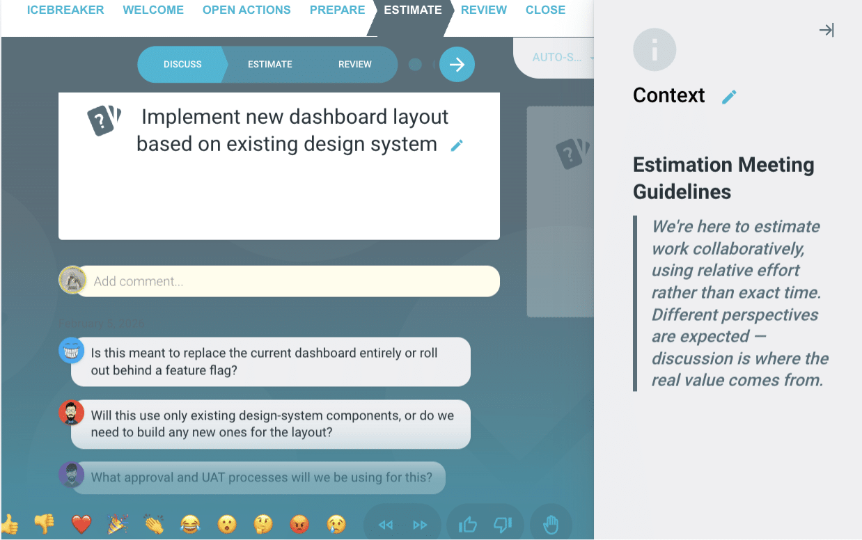 TeamRetro estimation meeting with story discussion TeamRetro sprint estimation meeting showing item discussion