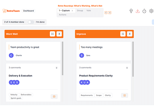 TeamRetro demo showing agile retrospective board with team cards
