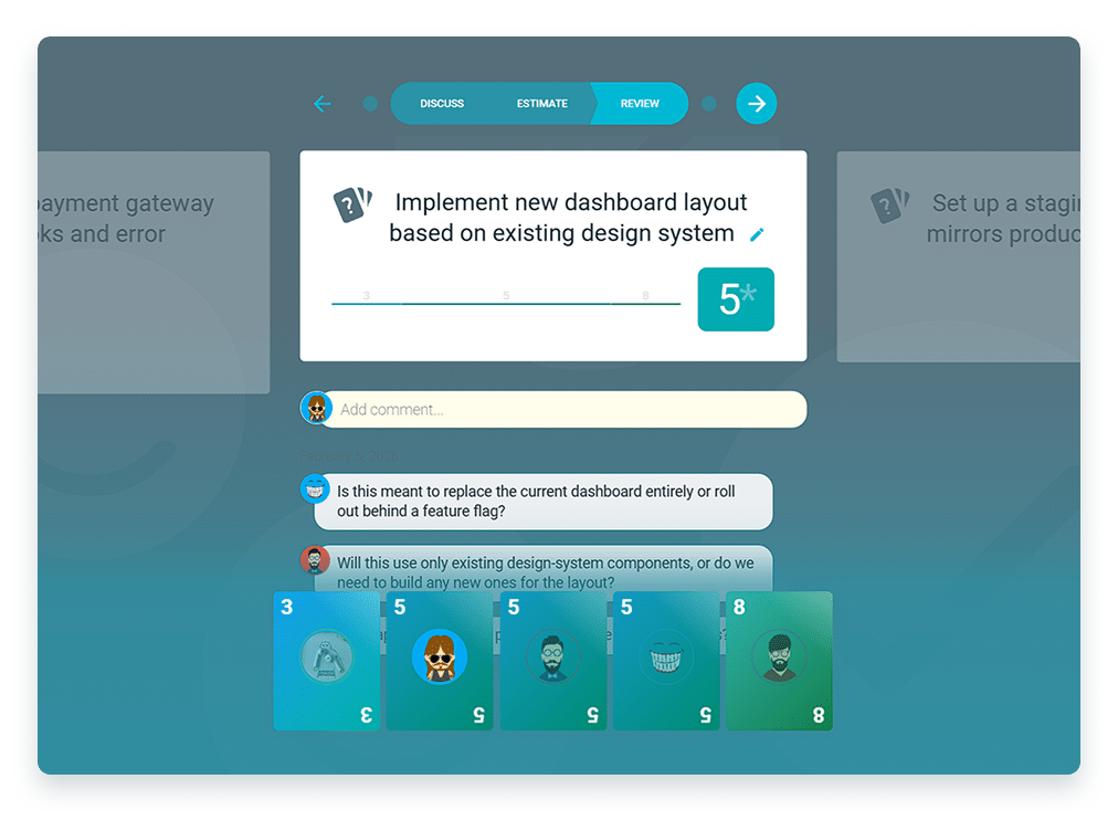 TeamRetro Agile Poker screen revealing team story estimates