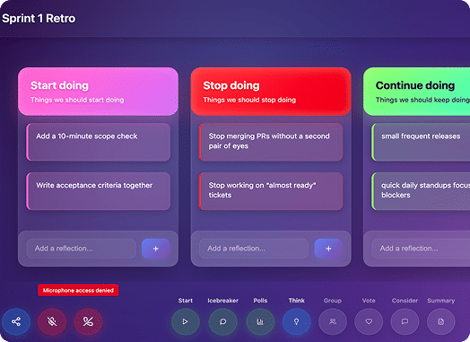 TeamRetro board showing a Scru.ms agile retrospective meeting