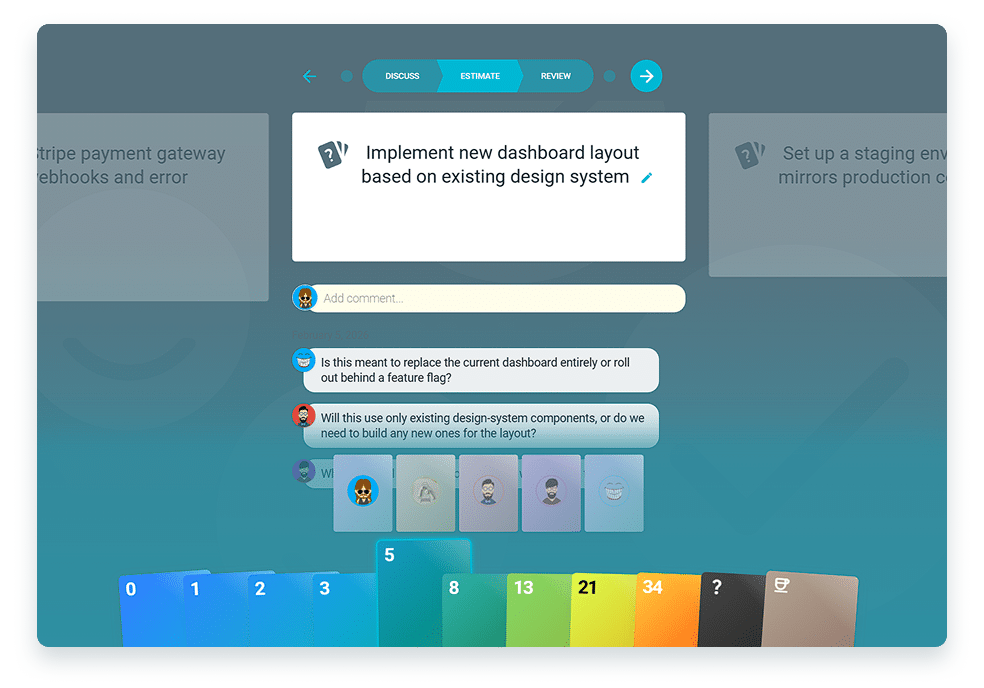 TeamRetro Agile Poker screen showing team estimation session