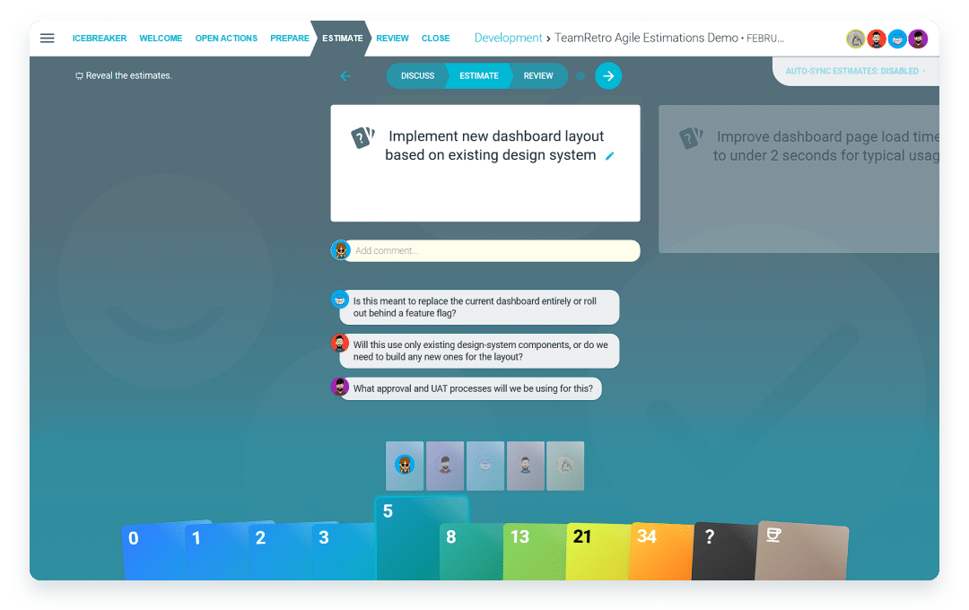 TeamRetro team estimation session with backlog items and story points